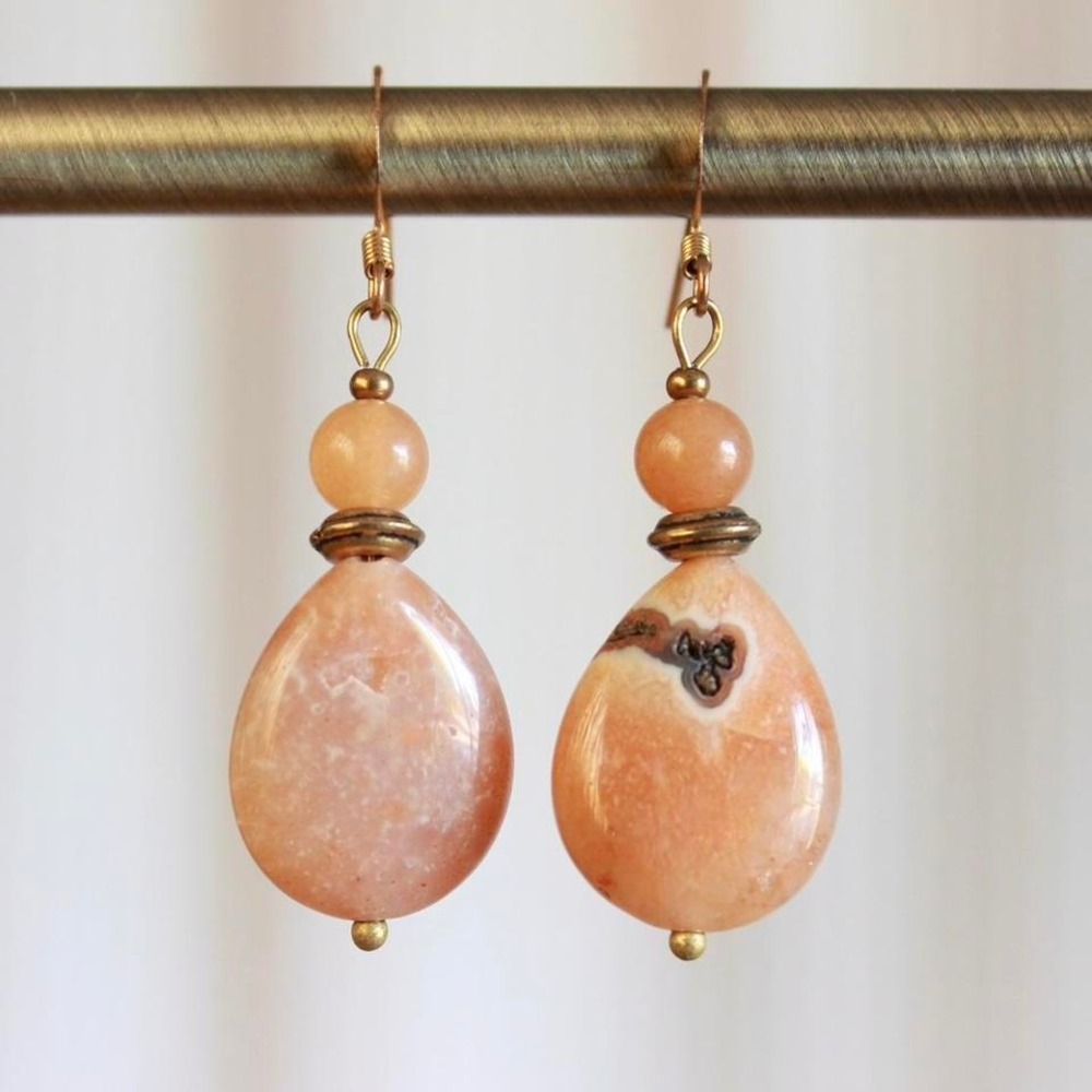 Handmade Peach Agate Aventurine Drop Earrings Boho‎ Bohemian Earthy Forest Fairy